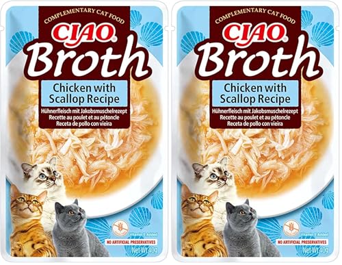 INABA - INABA Ciao - Broth Poulet & Pétoncles - Friandise pour Chat Humide - Délicieuse et Saine - Sauce - Plat d'accompagnement - Complément Naturel et sans Céréales - Pâtée pour Chat - 1 x 40g (Lot de 2)