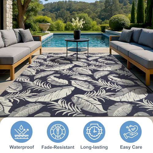 OPPODREAM Reversible Outdoor Rug 6x9, Waterproof Outdoor Plastic Straw Rug for Patio, Tropical Leaf Spring Camping Rugs for Outside, Deck, Backyard, Camping, Balcony, Porch, Rv, Navy and Beige by OPPODREAM - Image 8