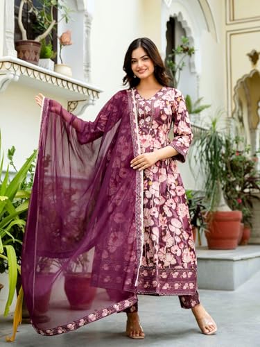 Image of Pure Cotton Anarkali Kurta Set for Women with Dupatta | 3 Piece Cotton Anarkali Suit | Floral Aari Work | Flared Ethnic Wear