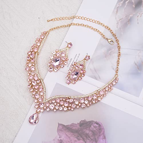 Women's Statement Necklace Earrings Link Bracelet Set for Bride Austrian Crystal Wedding Bridal Costume Jewelry Sets4