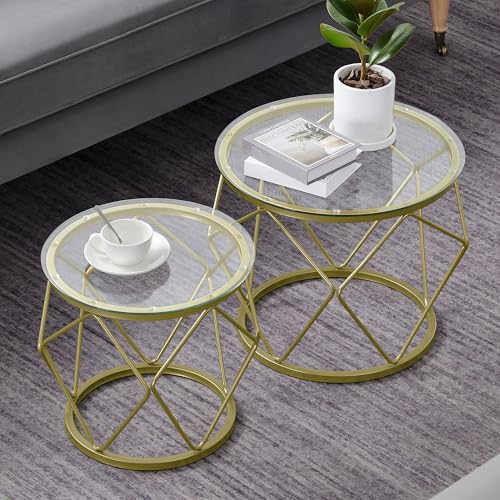 Hzuaneri Couchtisch rund, 2er Set Beistelltische, Beistelltisch-Set mit Metallrahmen, Kleiner Beistelltisch für Wohnzimmer, Schlafzimmer, Büro, Schlafzimmer, Gold 01801GCT – Bild 7