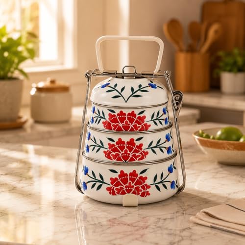 Image of iHandikart Handpainted Decorative Lunch Box Tiffin | Multiple Tier Stainless Steel Food Box | Designer Indian Print Tiffin for School | Diwali Gift, Navratri Gift (Color - Multicolor)