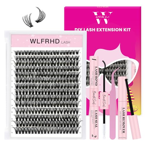 Lash Clusters Kit 280 Pcs DIY Individual Cluster Lashes D Curl Lash Extension Kit with Eyelash Bond and Seal, Remover, Tweezers Applicator Tool for False Eyelash Cluster Kit(50D, Mix9-16mm Kit)