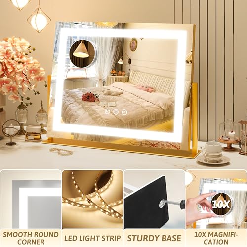 Image of ROLOVE Vanity Mirror with Lights 22 inchx18 inch, Lighted Makeup Mirror with 10X Magnification, Smart Touch 3 Colors Dimmable, 360 Rotation, Women Gift, Dresser Mount, Bathroom (Gold)