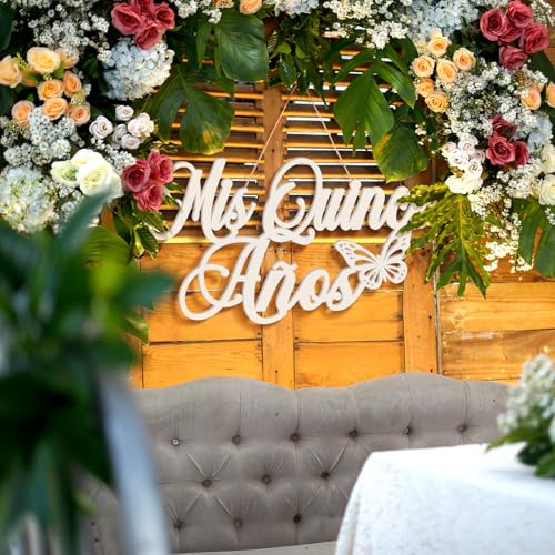 Image of Yuntau Mis Quince Anos Sign Quinceanera Decorations 15th Birthday Quinceanera Party Backdrop Wooden Banner Wall Decor Sign White Mis Quince Anos Birthday Gift for Wall Bedroom Photo Booth Decor Gift