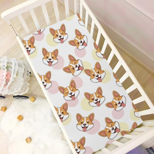 Image of Dogs Corgi White Fitted Crib Sheet for Boys Girls Baby Crib Bed Sheets for Pack N Play Mattresses,39 x 27 in