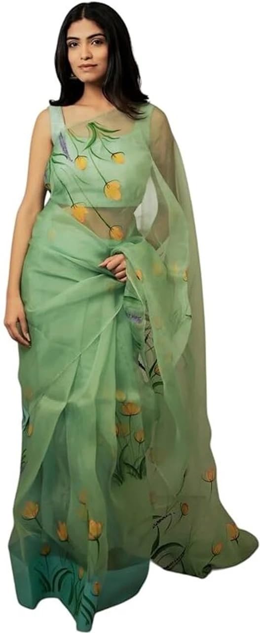 jogal Women Elegant Hand-Painted Organza Saree with Daisy Floral Motifs, Yellow, Free Size (Aqua Blue)-picture-29