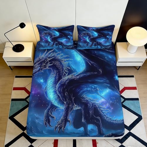 Drap-housse Blue Dragon 160x200x25cm en microfibre imprimée