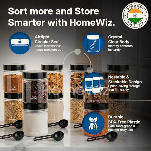 Image of HomeWiz Airtight Kitchen Storage Box 250ml Pack of 8 | Food Grade BPA-Free Kitchen Jars | Storage & Containers Set | Masala Container Set | Unbreakable Plastic Container Set | For Spices & Pulses