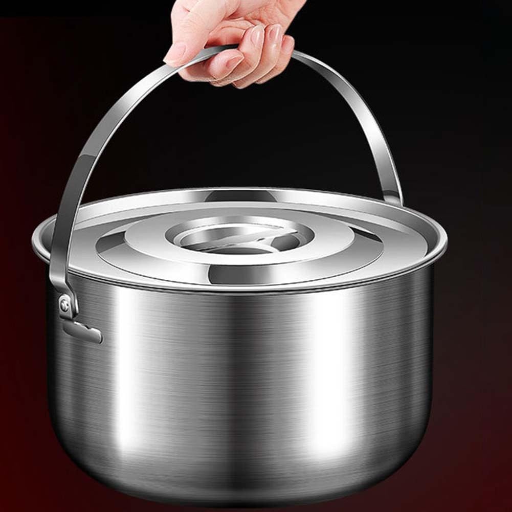 Pentola da campeggio in acciaio inox con coperchio e manico, adatta per escursioni, picnic, stufati, bollire e appendere sul fuoco (6L)