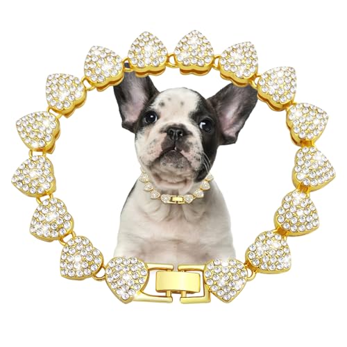 Glitter Metal Cuban Diamond Dog Chain Dog Training Chain with Secure Buckle Heart-Shaped Pet Collars for Large Medium Dogs