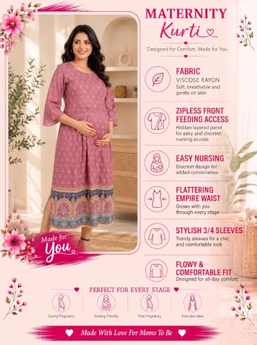 Image of RITIJYA Zipless Feeding Kurta Dress for Women | Maternity Nursing Kurti, No-Zip Easy Access | Extra Pleats Pre to Post Pregnancy | Quick-Dry Fabric | S-4XL