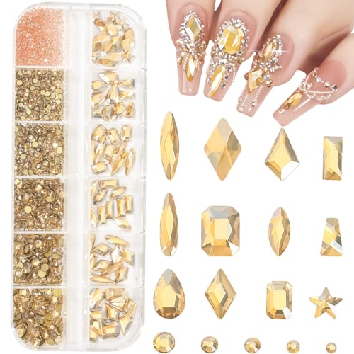 DZHILHMX Nail Rhinestones - 3D Multi Shape Size, Champagne Gold, Flat Back, Gems Rhinestones, for Nail Art