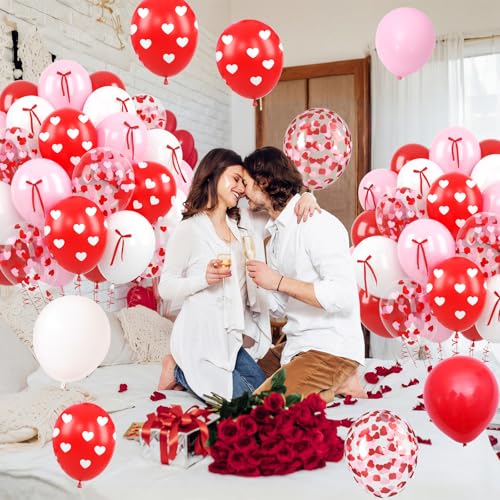 Image of 60 Pcs Pink and Red Balloons, 12 Inch Red Heart Printed Latex Balloon, Pastel Pink White Helium Balloons with Bow Ribbon, for Valentine's Day Wedding Anniversary Baby Shower Birthday Party Decoration