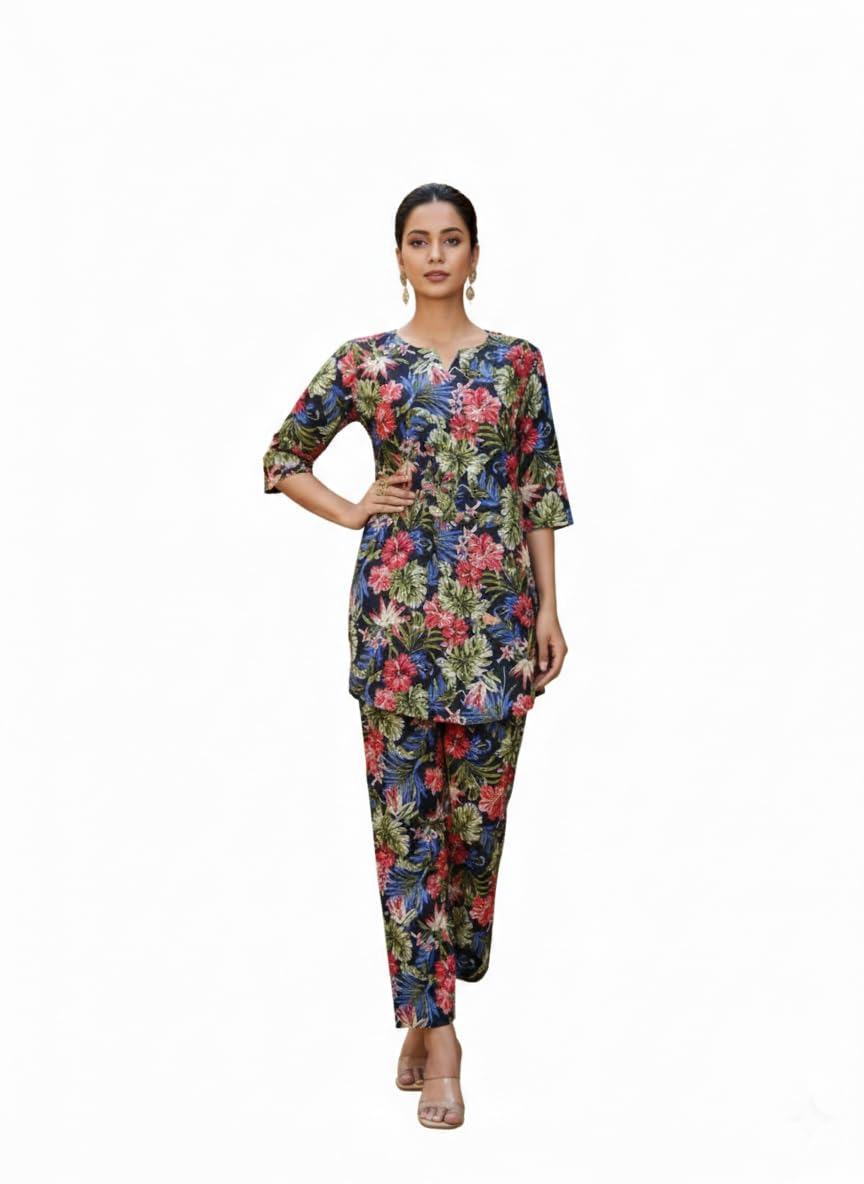 Women's Printed Rayon Blend Co-ord Set | Straight Fit Top & Pant Ensemble | V-Neck Mandarin Collar Styles | Modern Black, Orange, Purple, Green Designs | Perfect for Casual, Festive Events