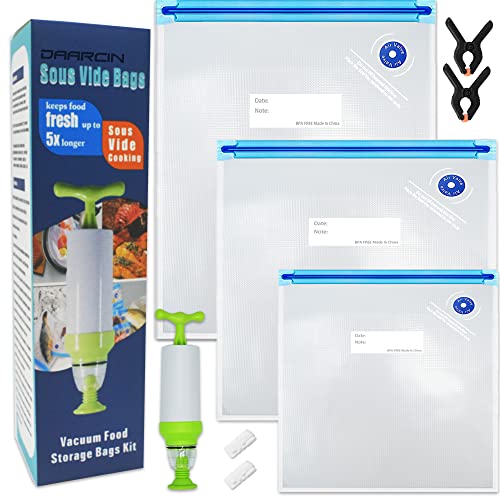 Comparison: Best Sous Vide Bags 4 Sous Vide Bags 20pack Kit,Daarcin 3 Sizes Sous Vide Bag Kit with Pump-15 BPA Free Reusable Vacuum Sealer Bags-1 Hand Pump-2 Zipper Clips-2 Clamps for Food Storage and Sous Vide Cooking