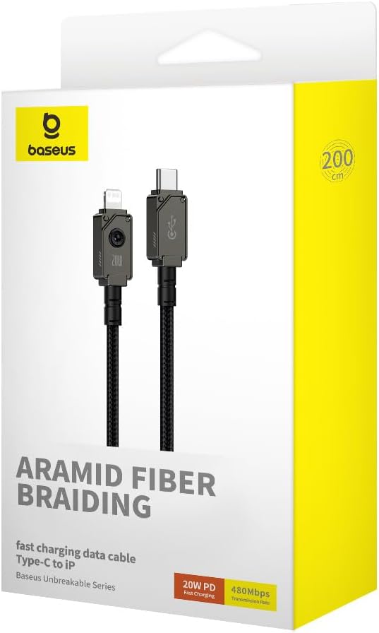 Baseus Cabo USB C para Lightning PD 20W, série inquebrável, cabo de carregamento rápido com transferência de dados de 480 Mbps de alta velocidade (Preto) Baseus Cabo USB C para Lightning PD 20W, série inquebrável, cabo de carregamento rápido com transferência de dados de 480 Mbps de alta velocidade (Preto)
