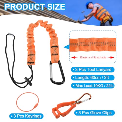 Image of MECCANIXITY Retractable Tool Lanyard 2ft with Aluminum Buckle and Adjustable Loop End, Included Glove Clamps and Keychains, Fall Protection Tools Leash for Hand Tools, Orange 3 Pack