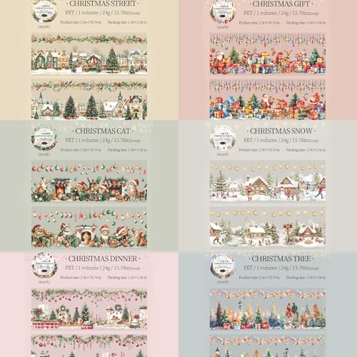 Image of 6 Rolls PET Washi Tape Stickers Set,Christmas Washi Tape for Journaling,Winter Aesthetic Stickers for Scrapbook Supplies,Junk Journal,Planner(Christmas Diary)