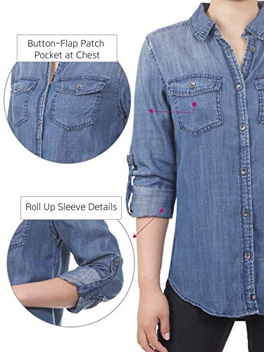 Design by Olivia Women's Classic Long/Roll Up Sleeve Button Down Denim Chambray Shirt Light Denim 1X