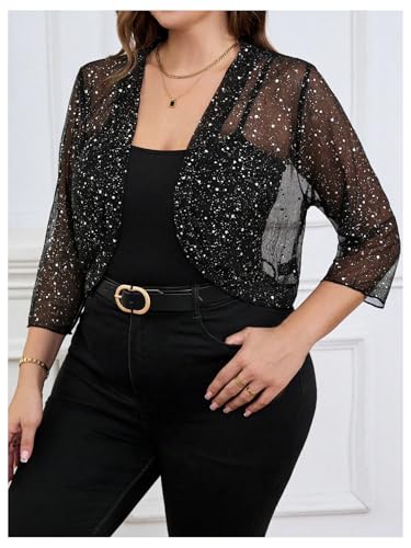 GORGLITTER Women's Plus Size Sheer Shrug Glitter 3/4 Sleeve Party Cropped Mesh Cardigan4