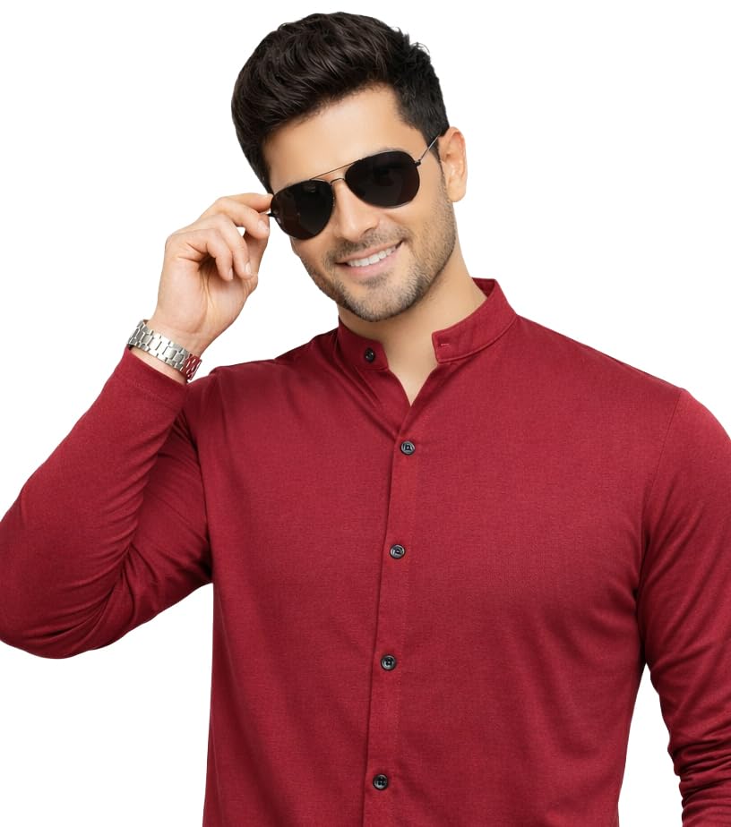 Image of Blisstone Men's Band Collar Shirt - Full Sleeve Slim Fit Casual Cotton Blend Mandarin Collar Button Down Shirt