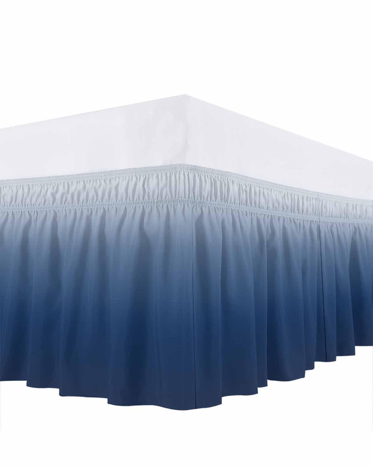 Ombre Blue Bed Skirt Queen Size, 16-Inch Drop Elastic Bed Skirting Navy Blue Nautical Dust Ruffles Bedding Decoration with Wrap Around Adjustable