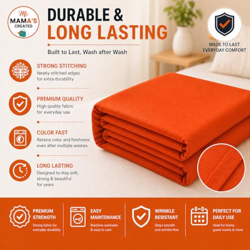 Image of King Size Bed Sheet - 600 Thread Count Single Flat Sheet Only - Long Staple Egyptian Cotton Top Sheet Wrinkle & Fade Resistant - Orange