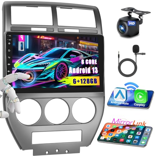[6+128GB] Hikity Android 13 Car Radio for 2007-2010 Jeep Compass Patriot with Wireless Carplay, 10.1'' Touch Screen Stereo Dash Kit, Android Auto/32EQ DSP/Bluetooth 5.0/GPS/WiFi/SWC, Backup Camera MIC