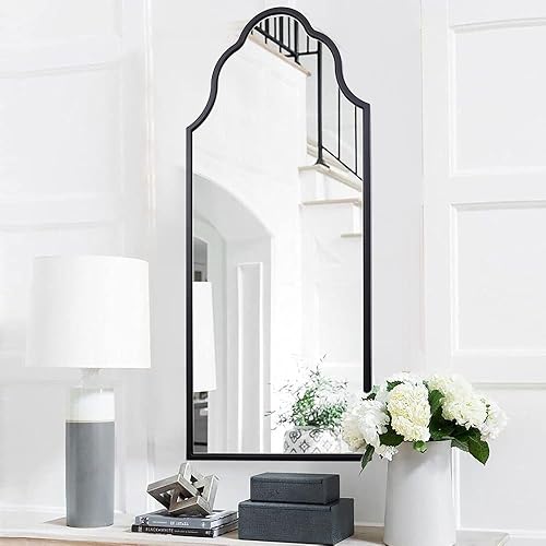 Miniatura 10 de Chende Espejo de baño dorado con marco de madera, espejo arqueado de 36 x 24 pulgadas para decoración de sala de estar, espejo festoneado moderno