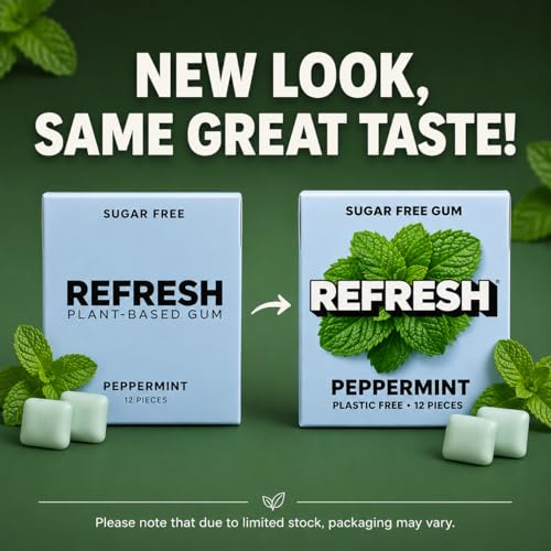 Image of Refresh Plant Based Gum, Sugar Free, Xylitol, 12 Pcs, 6 Pack (Peppermint)