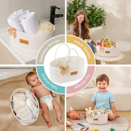 Image of Mothers Day Gift Basket Empty Woven Basket with Bowbie Greeting Cards Ribbon Gift Bag Set, Cotton Rope Storage Baskets With Handle For Baby Belongs Toy Storage Basket Party Holiday Shower Gifts Box
