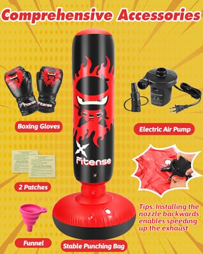 Fitense Kids Punching Bag, 63 Inch Inflatable Punching Bag + Electric Air Pump + Boxing Gloves, Kids Boxing Bag for 6-12 Year Olds, Red Ninja Karate Gift Toy for Christmas Birthday - Thumbnail 5