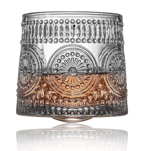 Image of Spinning Vintage Embossed Whiskey Glass - 170ml - Set of 4, Retro Patterned Tumbler for Whiskey, Scotch, Bourbon & Cocktails - Lead-Free Crystal Drinkware (4, Rotating Embossed)