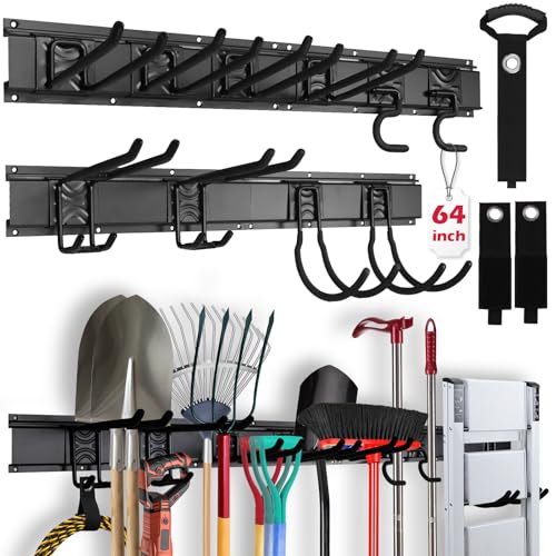 SEDY 64' Heavy Duty Garage Storage Tool Organizer Wall Mount - Tool Rack with Adjustable Hooks, Anti-Rust, 300lbs Capacity - Easy Installation (4 Racks, 10 Hooks, 3 Straps)