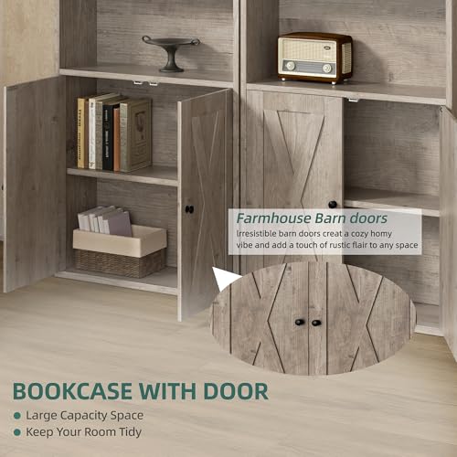 Image of Shintenchi Bookshelf, Industrial Bookshelves and Bookcases with Doors Floor Standing 6 Shelf Display Storage Shelves 70.6 inches Tall Bookcase for Home Office, Living Room (Grey)