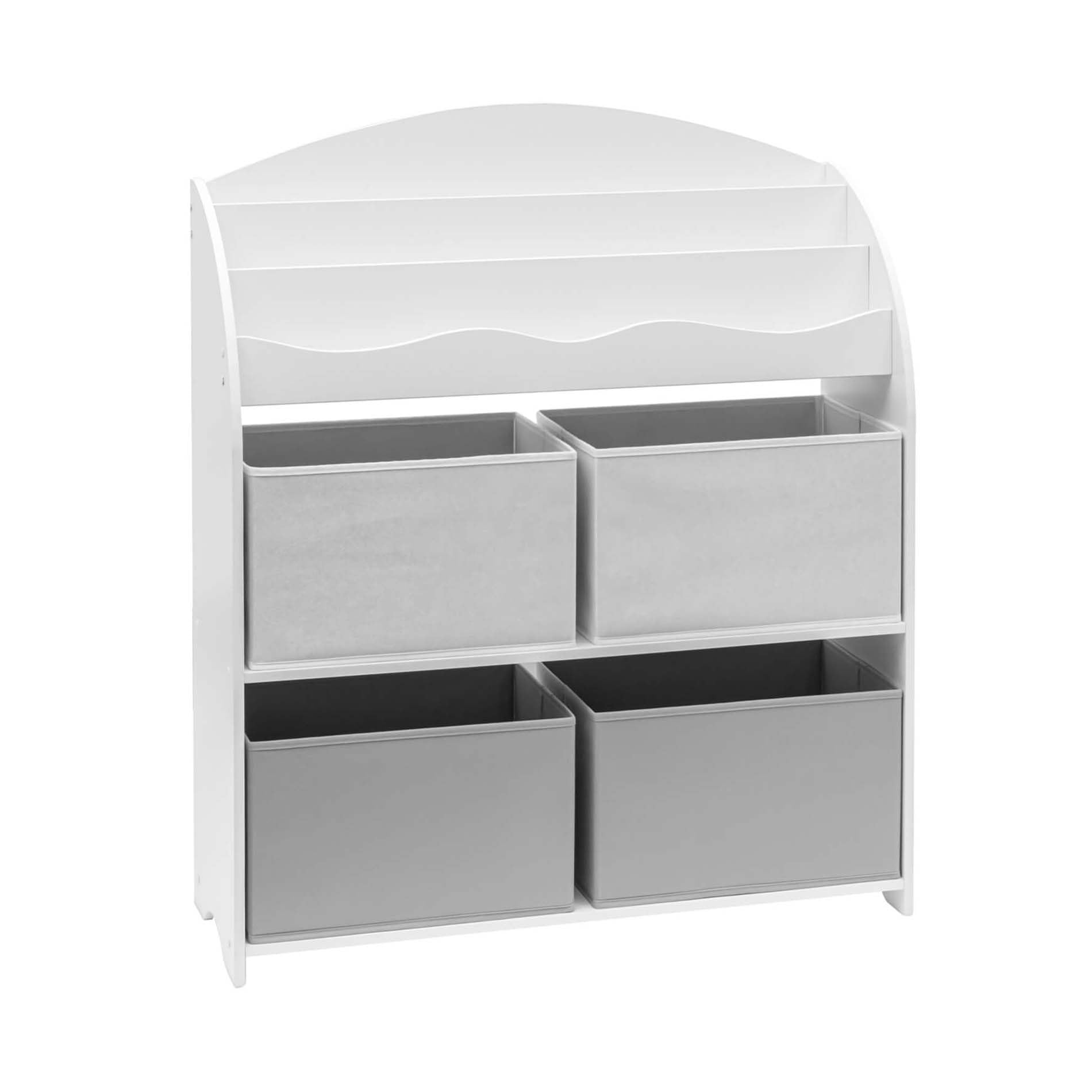 Rebecca Mobili Spielzeugregal, Kinderspielzeugregal, Weiß Grau, MDF TNT, Mit 4 Körben, Für Kinderzimmer - Maße HxBxT: 97,5 x 82,5 x 29,5 cm - Art. RE6846