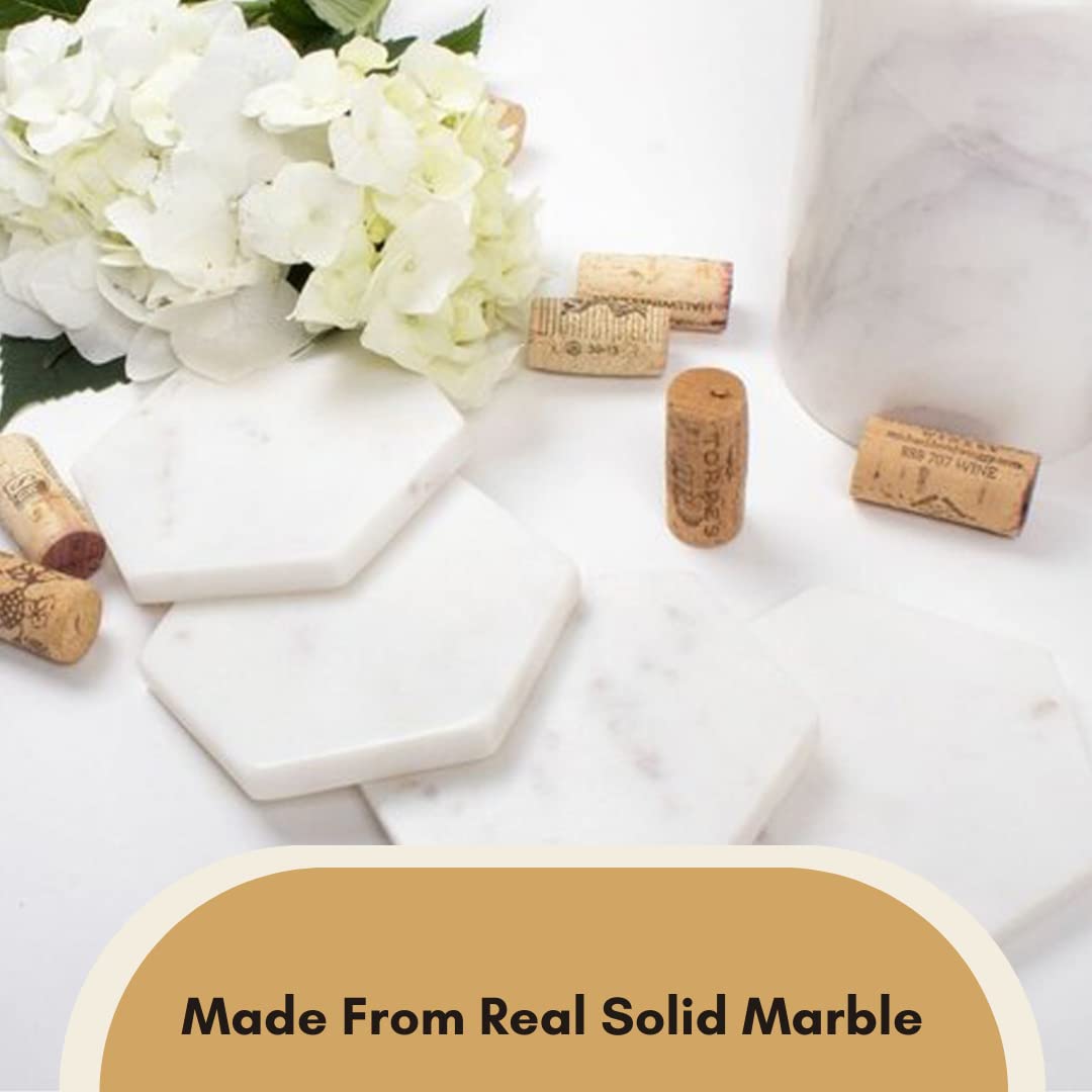 Lukeville Luxury Linen White Marble Coaster Set - 4 Inches Coasters Set of 6 - Drink Coasters Ceramic Coasters Table Coasters - Handmade Coaster for Mug Glass Drinks with Cork (Hexagon)
