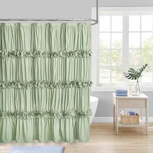 Homechoice Decor Sage Ruffle Shower Curtain, Vintage Handcrafted Bow Tie