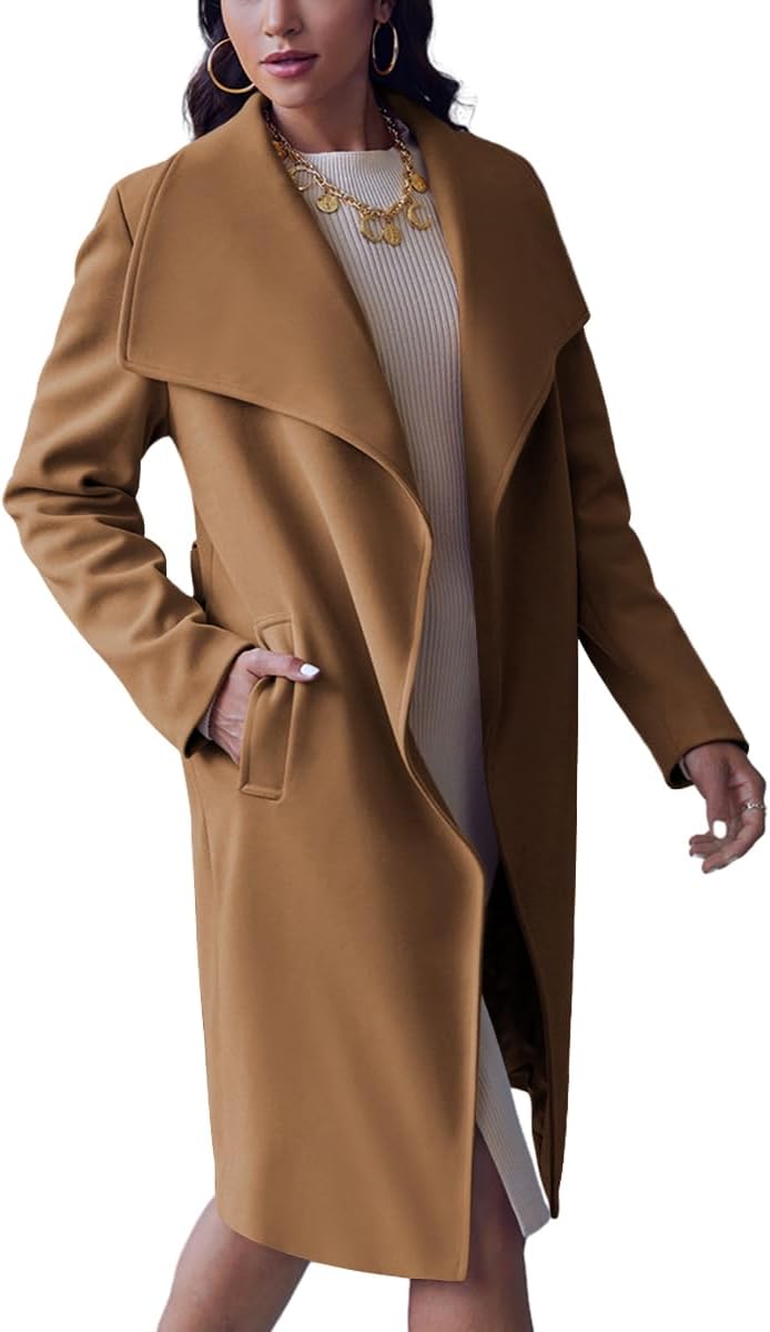 Cicy Bell Women's Pea Trench Coat Lapel Collar Long Jacket Open Front Belted Overcoat with Pockets - Image 2