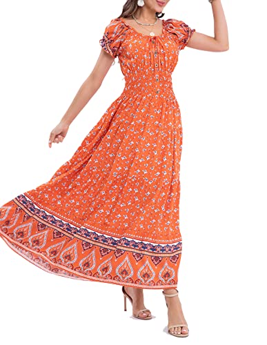 Image of OSTOO Women's Floral Maxi Dress Boho Summer Short Sleeve Smocked Waist Tiered Long Dress