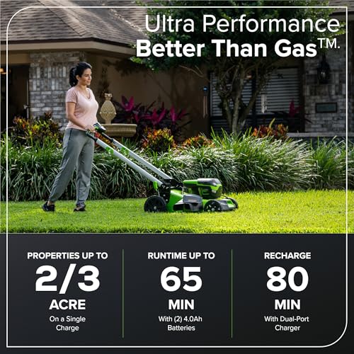 Image of Greenworks 60V 21 inch (Self-Propelled) Lawn Mower + 16 inch String Trimmer, Leaf Blower, (2) 4.0Ah + (2) 2.5Ah Batteries Batteries, Dual Port Rapid Charger, (2) Rapid Chargers