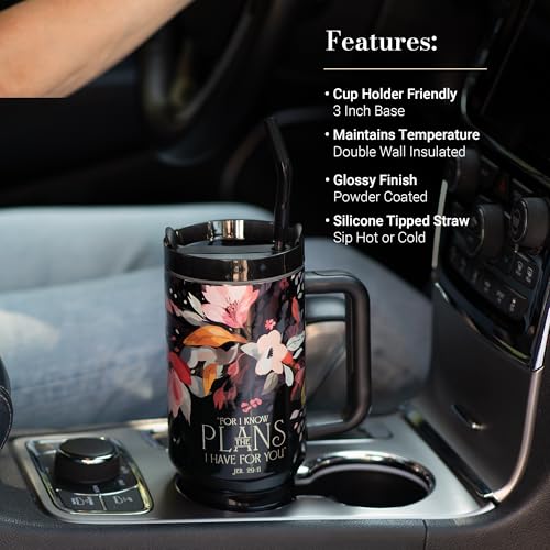 Image of Christian Art Gifts Extra Large Stainless Steel Double Wall Vacuum Insulated Travel Tumbler for Women: Hope & Future Inspirational Scripture, Lid, Straw, Sturdy Handle, Black Multicolor Floral, 40 oz.