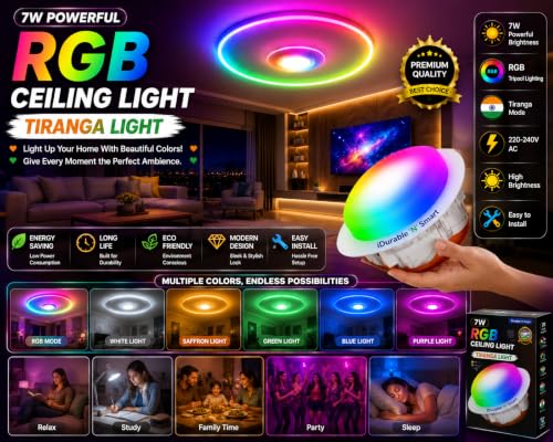 Image of iDurable 'N' Smart 7W Tiranga LED Ceiling Light | 3 in 1 RGB Tri-Color Glow Light | LED Downlight for Home, Bedroom, Living Room & Decoration | 220-240V AC Energy Saving Light Code-14