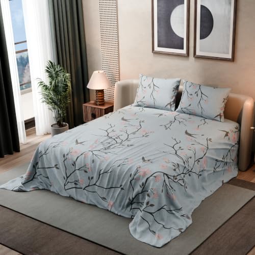 Image of BLISSHOME SoftTouch 140TC Cotton King Size Printed Bedsheet with 2 Pillow Covers for Double Bed, Silky Smooth Bedding Set, Breathable, Easy Maintain, Floral Print - Grey, Pink