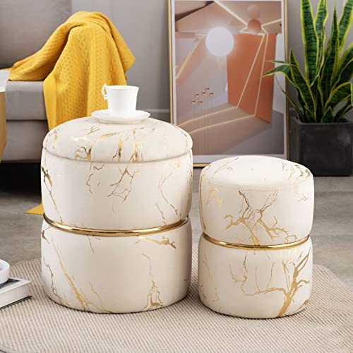 Furniliving Round Storage Ottoman Set of 2, Modern Luxury Foil Stamping Velvet Vanity Stool Chairs Coffee Table, Upholstered Foot Rest for Living Room, Bedroom, Khaki