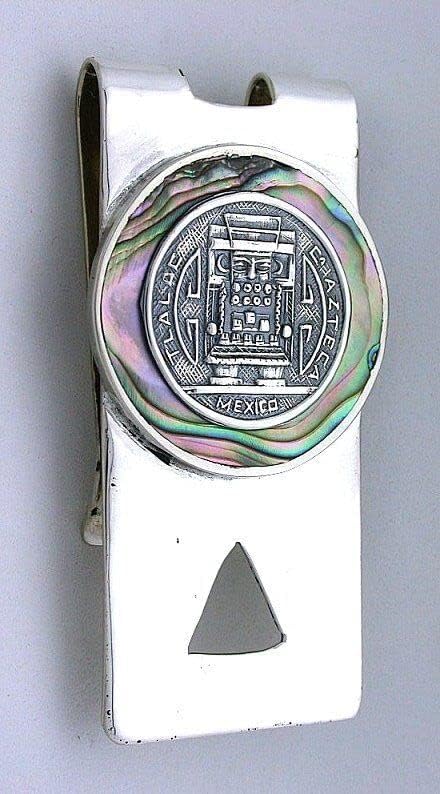 2 2/5 x 1 1/5 Inch TLALOC Aztec Fertility God Abalone Sterling Silver Money Clip