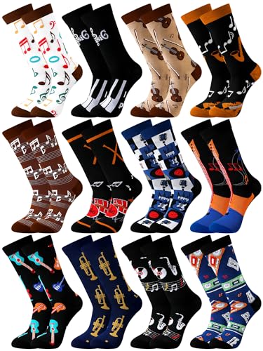 Suhine 12 Pairs Men Music Socks Guitar Funny Socks Instrument Musical Merch Father's Day Birthday Gift for Music Lovers Musicians