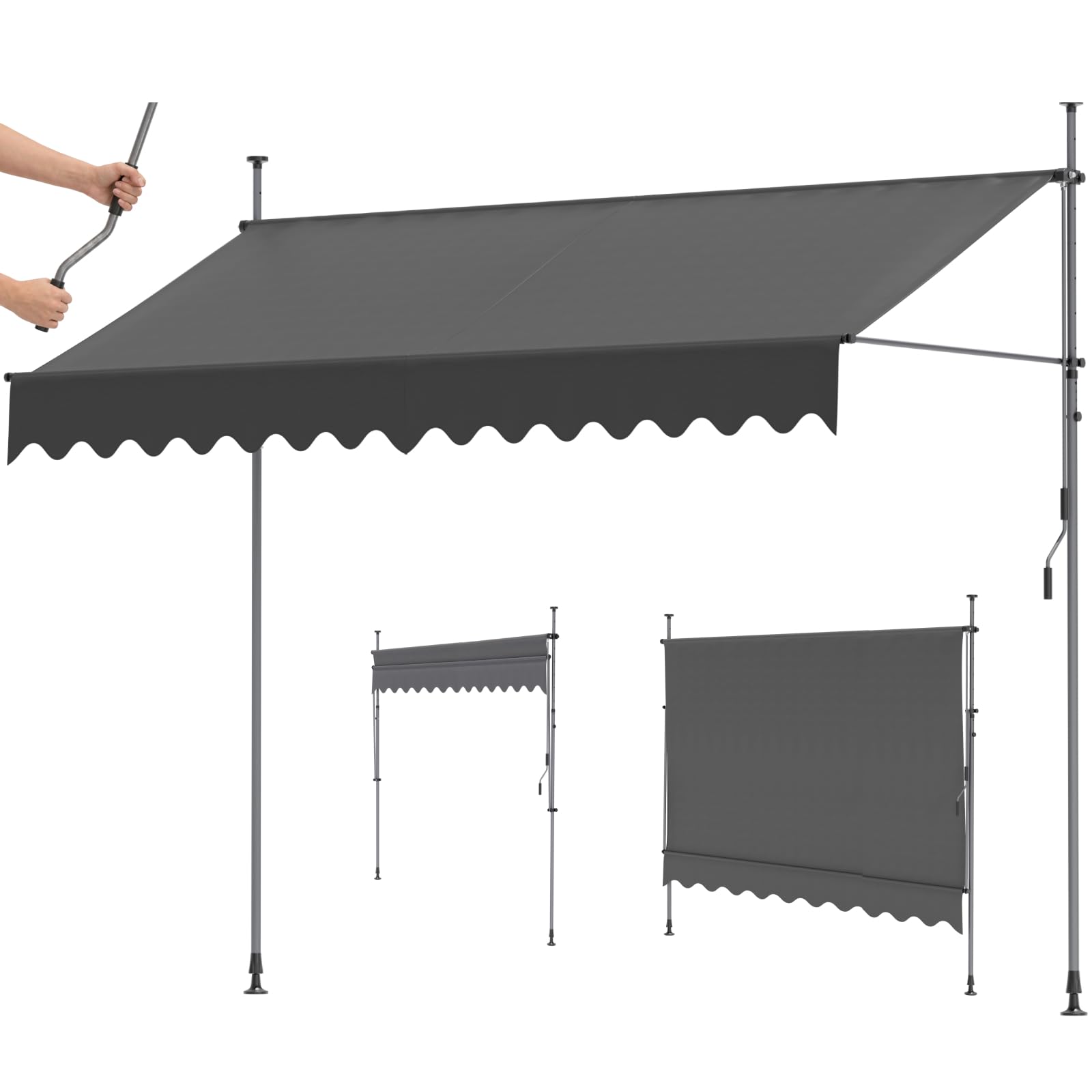 LIFERUN Klemmmarkise 350 cm breit, Balkon Markise ohne Bohren mit Handkurbel, PU-Beschichtung, Höhenverstellbar, Wasserschutz Sonnenschutz UV-Schutz, Sichtschutz für Outdoor Garten Terrasse, Grau