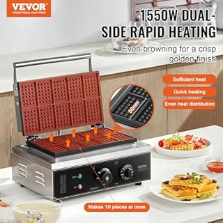 VEVOR Commercial Waffle Maker, 10PCS Rectangle Waffle Baker Machine, 1550W Non-Stick Stainless Steel Belgian Waffle Iron with Temp and Time Control, Handle, for Restaurant Bakery Snack Bar Family